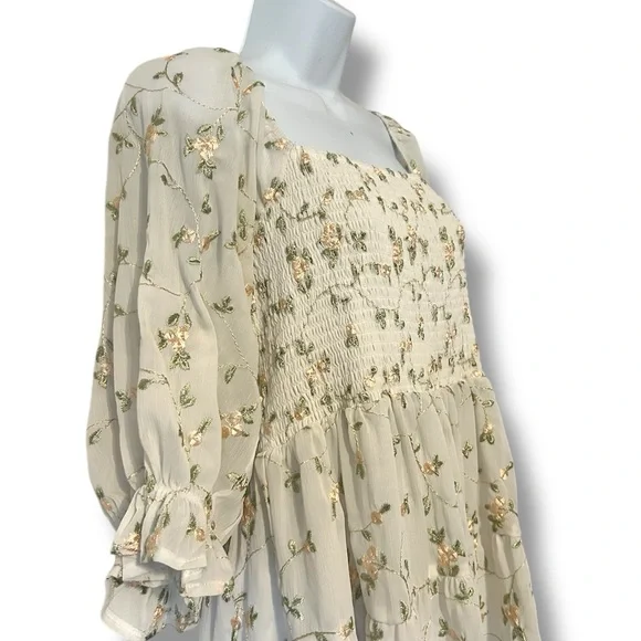 ARULA Cream Embroidered Floral Long Sleeve Dress Size A - Picture 3 of 7